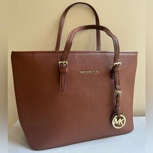 Michael Kors Chestnut Leather Shoulder Tote Handbag with Gold Details